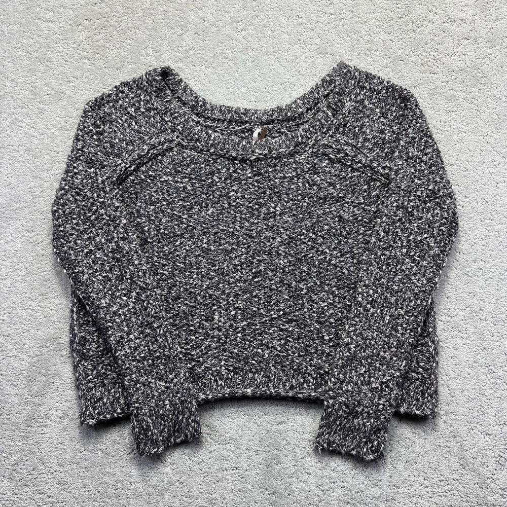 Free People Sweater Womens Large Black White Marled Cotton Knit Cropped Raglan